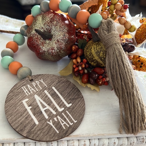 HAPPY FALL Y’ALL Wood Beaded Tiered Tray Fall Decor - Picture 2 of 4